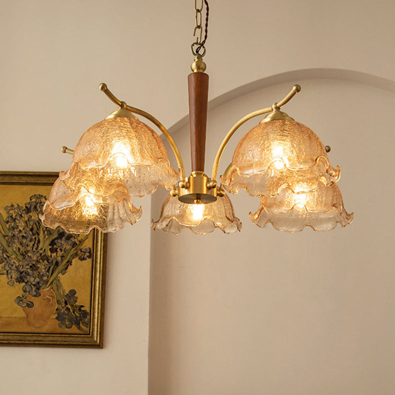 Traditional Vintage Petals All Copper Log Glass 3/5 Light Chandelier For Living Room