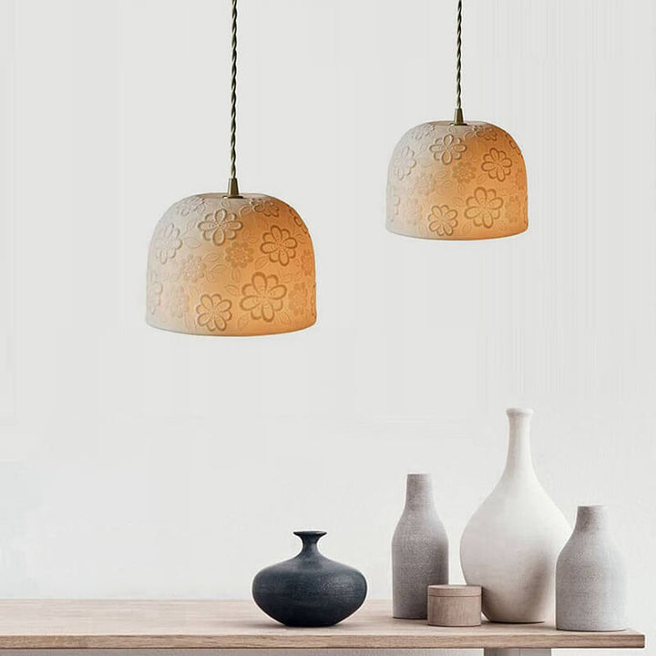 Contemporary Nordic Flower Pattern Ceramic Iron Brass Round Drum 1-Light Pendant Light