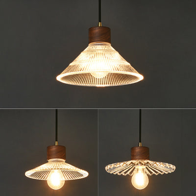 Traditionelle chinesische Pendelleuchte aus Eisen, Walnuss und Glas, konisch, schirmförmig, 1 Licht, für Esszimmer 