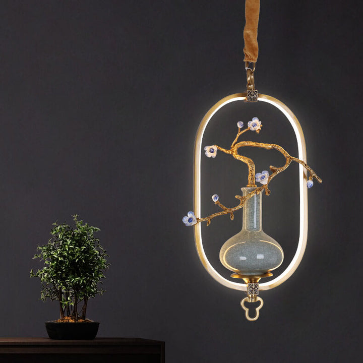 Traditional Chinese Oval Dendritic Flower Full Copper Ceramic LED Pendant Light For Living Room