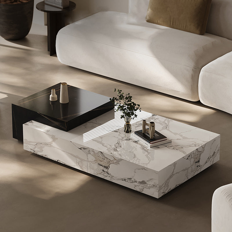 Mesa de café de madera rectangular cuadrada minimalista moderna con placa de piedra y 4 cajones para sala de estar 