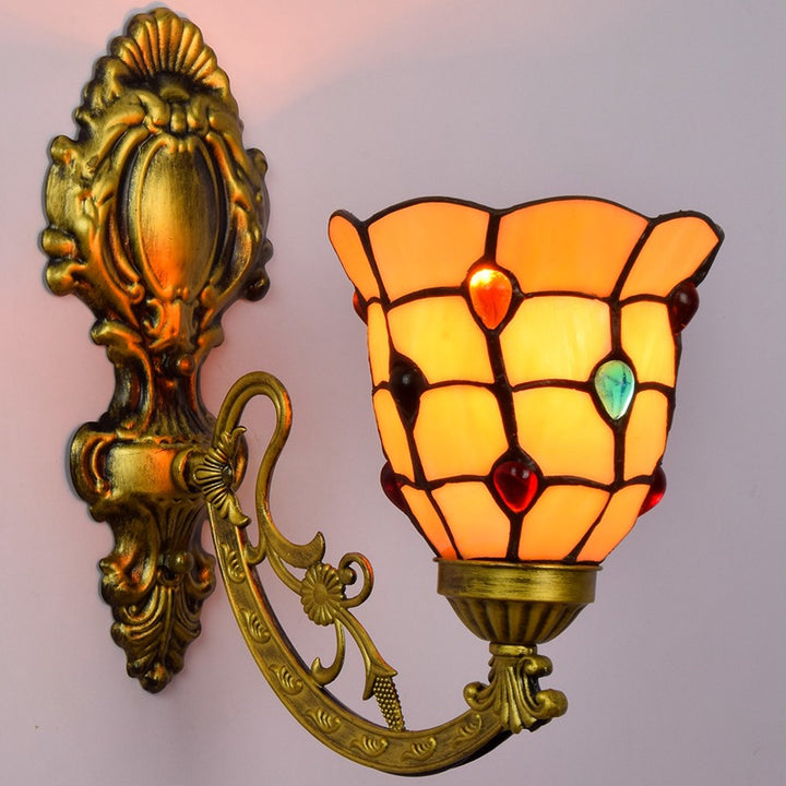 Traditionelle Tiffany Eisen Kristall Glasmalerei Blume 1-Licht Wandleuchte Lampe für Wohnzimmer 