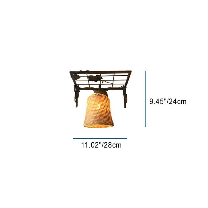 Lámpara Aplique de Pared de 1 Luz con Cilindro de Hierro y Bambú Tejido Cuadrícula Rectangular Rústica Tradicional para Sala de Estar 