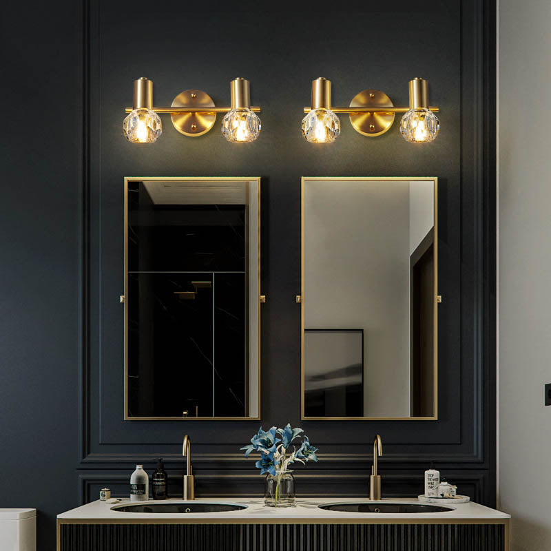 Lámpara de pared de lujo moderno cilindro diamante todo latón cristal 2/3 luces para baño 