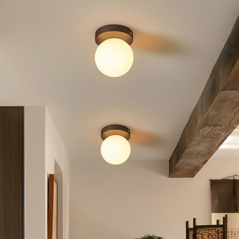Contemporary Scandinavian Walnut Copper Glass Ball 1-Light Semi-Flush Mount Ceiling Light For Hallway