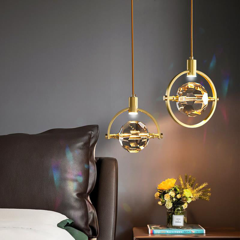 Modern Luxury Full Copper Circle Ring Crystal Ball 1-Light Pendant Light For Living Room