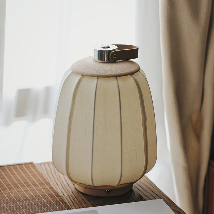 Lámpara de mesa LED de linterna redonda portátil japonesa tradicional de madera, tela de seda y acero inoxidable para sala de estar 