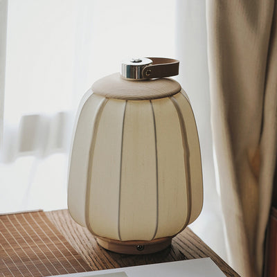 Lampe de table LED en bois, tissu de soie et acier inoxydable, lanterne ronde portable japonaise traditionnelle pour salon 