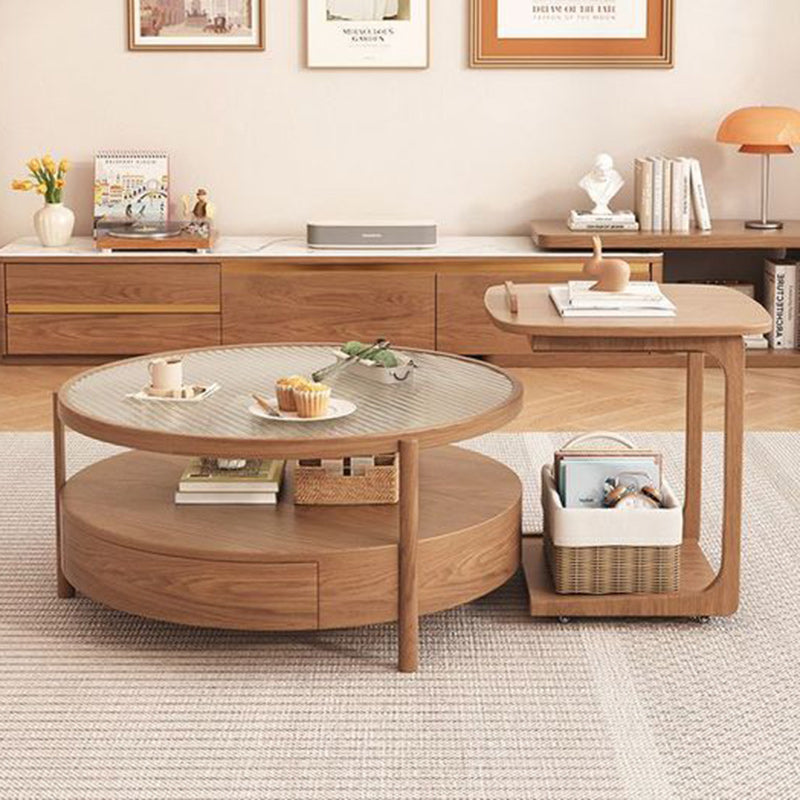 Zeitgenössischer japanischer quadratischer runder Glas-Holz-Beistelltisch 2-stufig für das Wohnzimmer 
