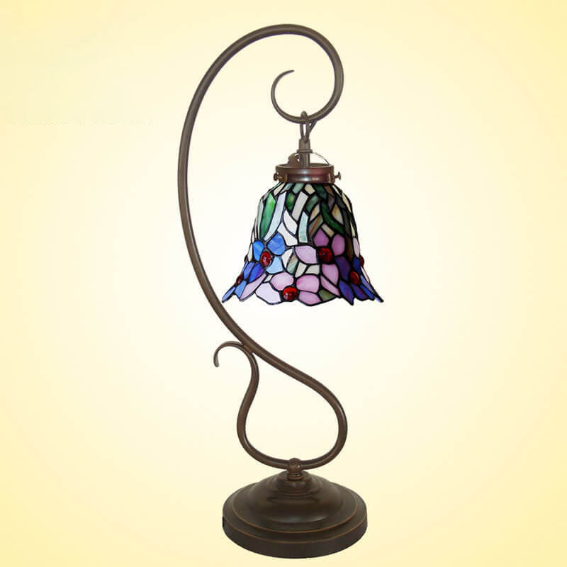 Tiffany Einfaches Orchideen-Buntglas-Metall 1-Licht Tischlampe 