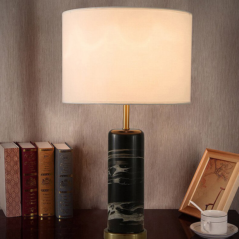 Vintage Simple Fabric Lampshade Marble Cylindrical Base 1-Light Table Lamp