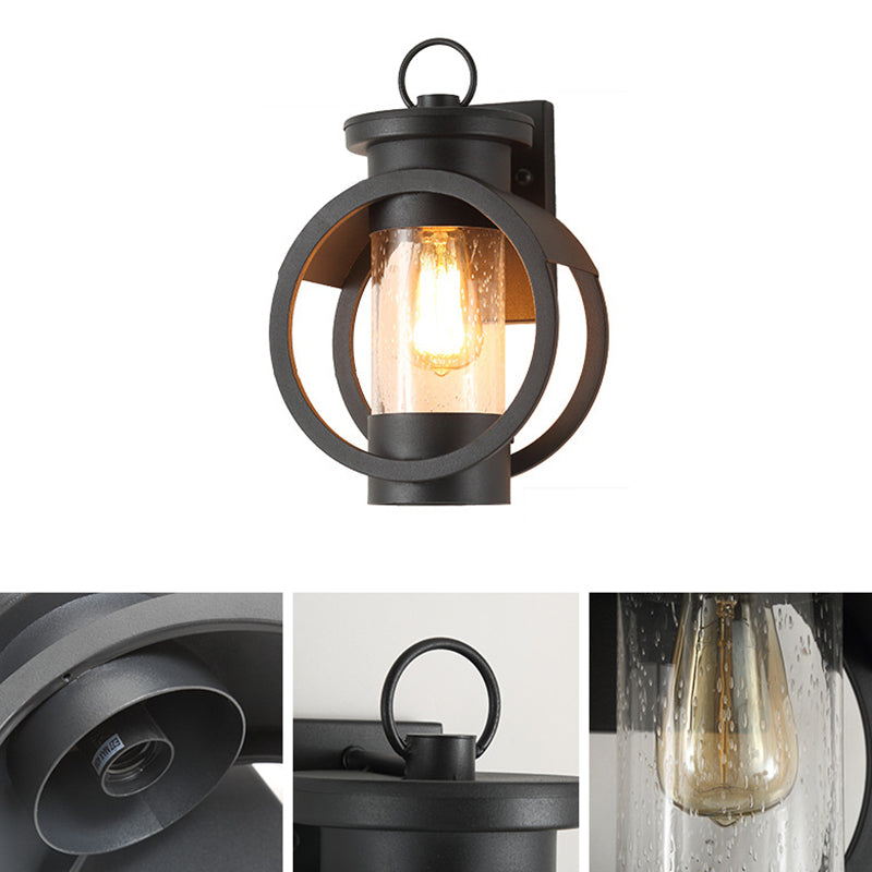 Zeitgenössische industrielle runde zylindrische Eisenglas-1-Licht-Wandleuchterlampe für die Terrasse im Freien 