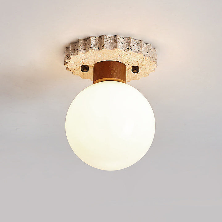 Traditional Japanese Ball Round Base Travertine Wood Glass 1-Light Semi-Flush Mount Ceiling Light For Hallway