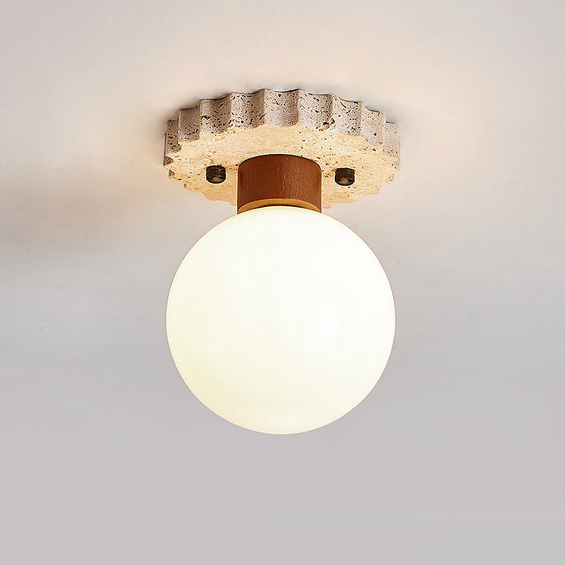 Traditional Japanese Ball Round Base Travertine Wood Glass 1-Light Semi-Flush Mount Ceiling Light For Hallway