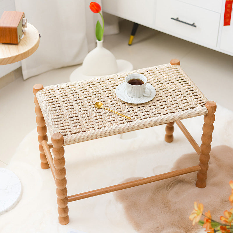Tabouret rectangulaire traditionnel chinois en osier avec pieds en bois pour le salon 