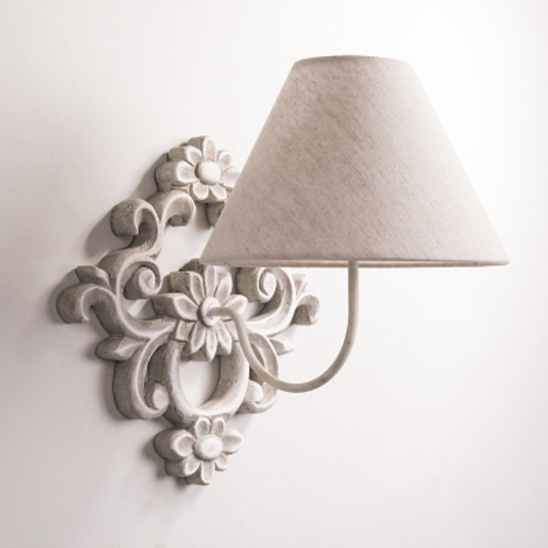 Traditionelle Vintage geschnitzte Zylinder Massivholz Stoff 1-Licht Wandleuchte Lampe für Schlafzimmer 