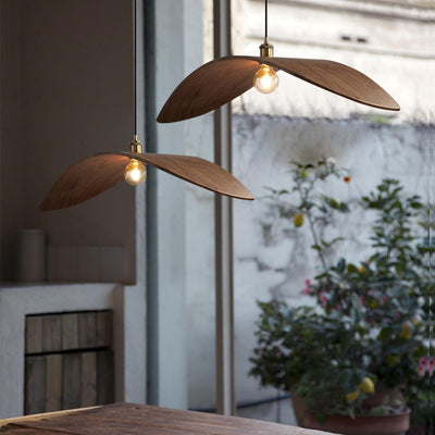 Traditionelle japanische Pendelleuchte mit 1 Licht und Walnussholzmaserung in Blattform für Esszimmer 
