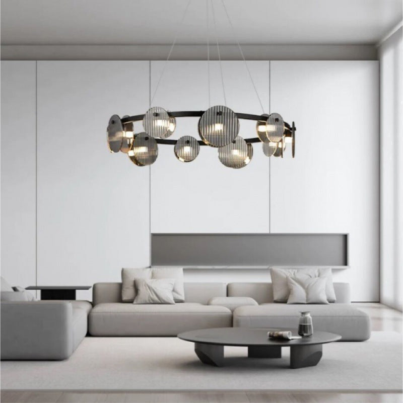 Lámpara de araña LED moderna minimalista de aros de hierro, vidrio y acrílico para salón 