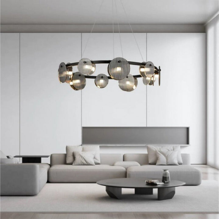 Lámpara de araña LED moderna minimalista de aros de hierro, vidrio y acrílico para salón 