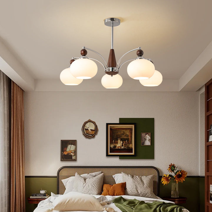 Modern Transitional Glass Round Shade Solid Wood Branch 3/5/6/8 Light Chandelier For Living Room