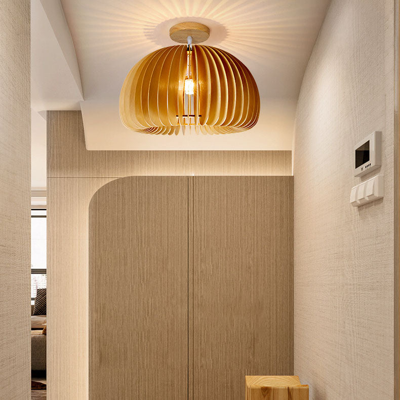 Zeitgenössische Retro-Holzkürbisform 1-Licht Semi-Flush Mount Deckenleuchte für Schlafzimmer 