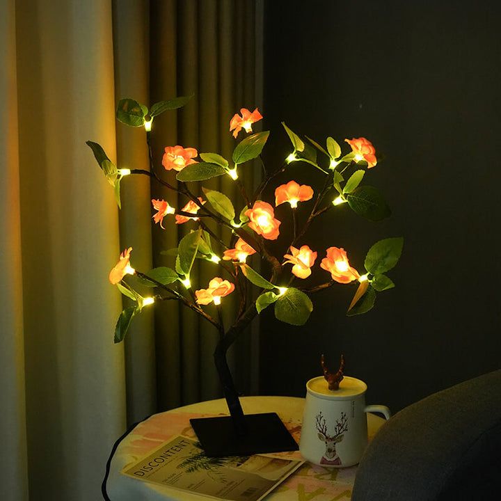 Modern Art Deco Simulation Peach Blossom Tree Green LED Tree Decoration Table Lamp For Bedroom
