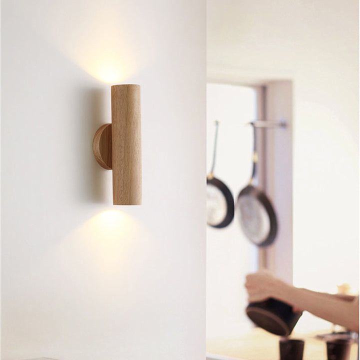 Applique murale LED en bois de caoutchouc cylindrique japonais traditionnel pour chambre à coucher 