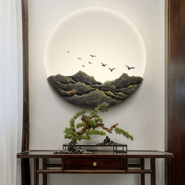 Chinesische klassische dreidimensionale Skulptur Harz Berg Acryl Runde LED Wandleuchte 