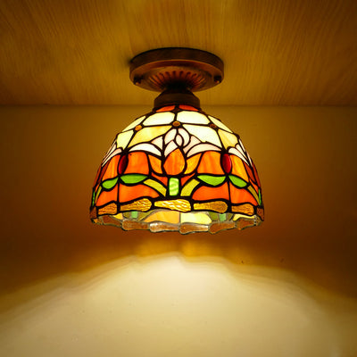 Lámpara de techo semiempotrada de 1 luz con cúpula de hierro y vidrio de colores Tiffany Tulip tradicional para sala de estar 