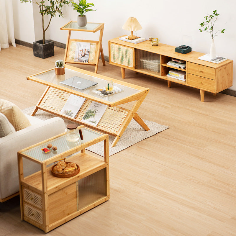 Traditional Japanese Rectangle Z-Shape Bamboo Glass Resin Rattan Weaving Coffee Table For Living Room