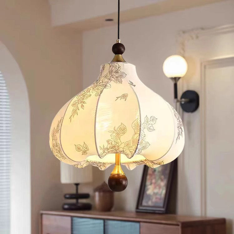 Traditional French Chestnut Print Metal Ash Wood Fabric 3/5 Light Chandeliers For Dining Room