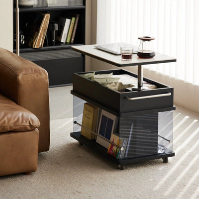 Moderner minimalistischer rechteckiger Holzplatten-Glas-Edelstahl-Beistelltisch mit 3-Staufächern, anhebbar für das Wohnzimmer 
