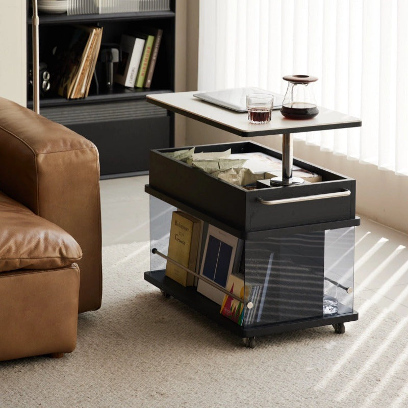 Moderner minimalistischer rechteckiger Holzplatten-Glas-Edelstahl-Beistelltisch mit 3-Staufächern, anhebbar für das Wohnzimmer 