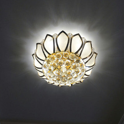 Lustre Moderne de Luxe Doré Glamour avec Base en Verre Dépoli Lotus et Perles de Cristal 4/6 Lumières Plafonnier pour Salon 