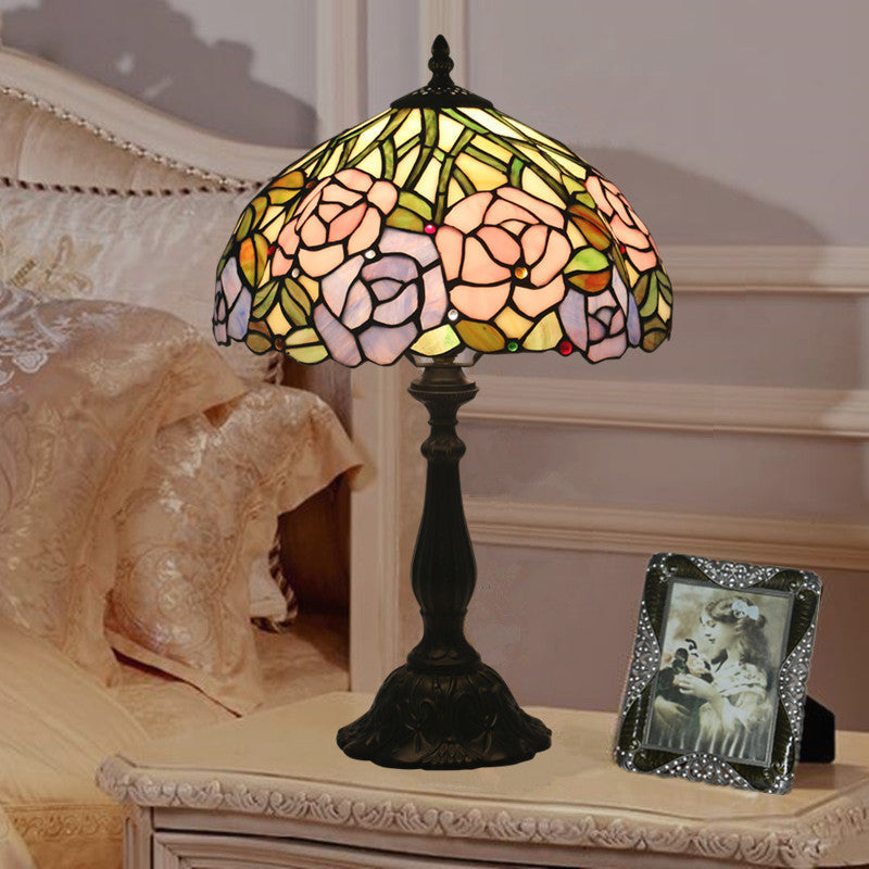 Traditionelle Tiffany Rose Blume Buntglas Kuppel 1-Licht Tischlampe für Schlafzimmer 