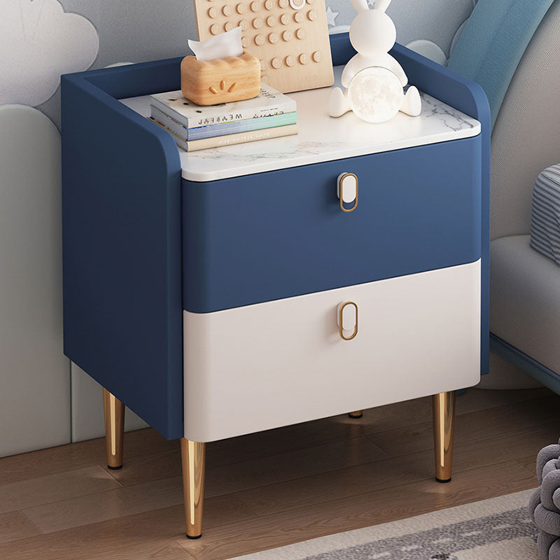 Table de chevet moderne de luxe rectangulaire en bois massif avec plateau en pierre et cuir microfibre à 2 tiroirs pour chambre 
