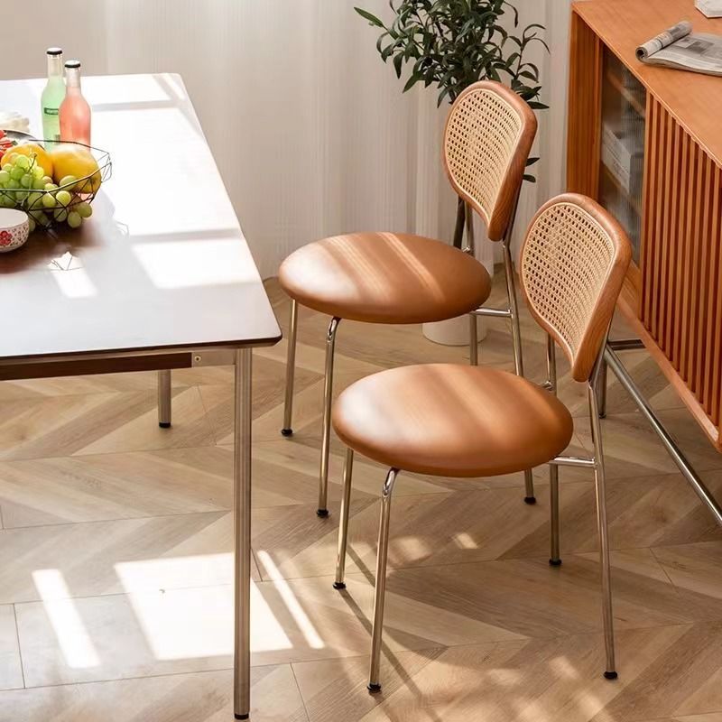 Contemporary Vintage Round Rectangular Rubberwood Plywood Iron Faux Leather PE Rattan Dining Chair Backrest For Dining Room