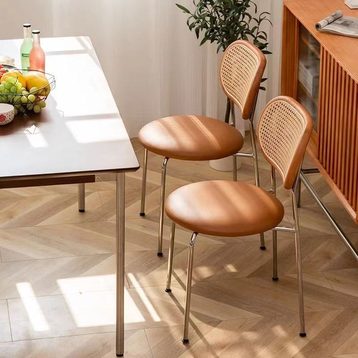Contemporary Vintage Round Rectangular Rubberwood Plywood Iron Faux Leather PE Rattan Dining Chair Backrest For Dining Room