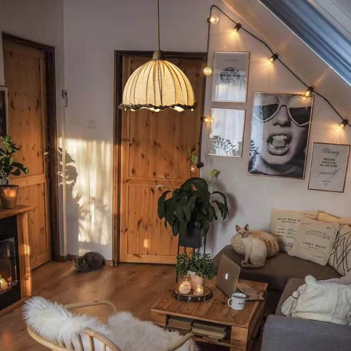 Traditionelle rustikale halbrunde Pendelleuchte aus Gummibaumholz mit Leinen für das Wohnzimmer 