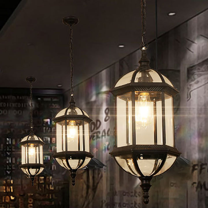 Zeitgenössische Retro sechseckige Laterne Glas Aluminium 1-Licht wasserdichte Pendelleuchte für Terrasse im Freien 