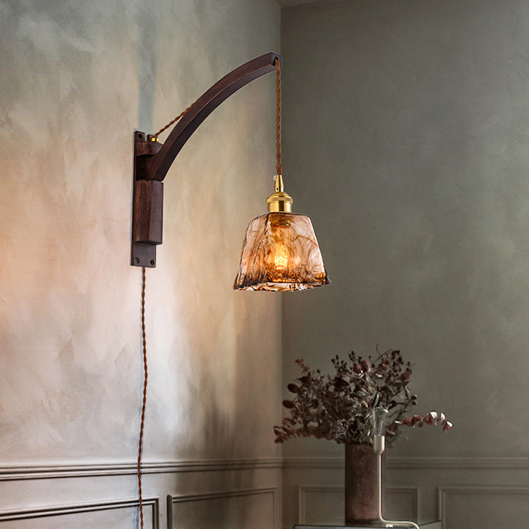 Traditional Japanese Walnut Glass Ceramic Conic Prism 1-Light Wall Sconce Lamp For Bedside