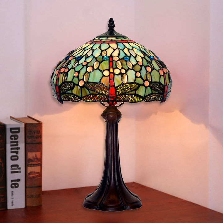 Lampe de table Tiffany traditionnelle en verre teinté en forme de tambour avec libellule, 1 lumière pour étude 