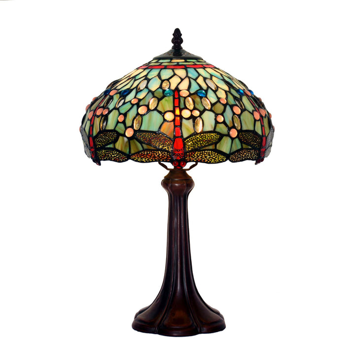 Lampe de table Tiffany traditionnelle en verre teinté en forme de tambour avec libellule, 1 lumière pour étude 