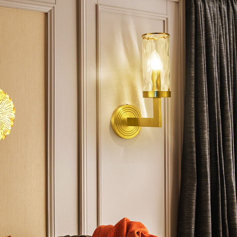 Modern Luxury Textured Glass Cylinder Round Brass 1-Light Wall Sconce Lamp for Living Room