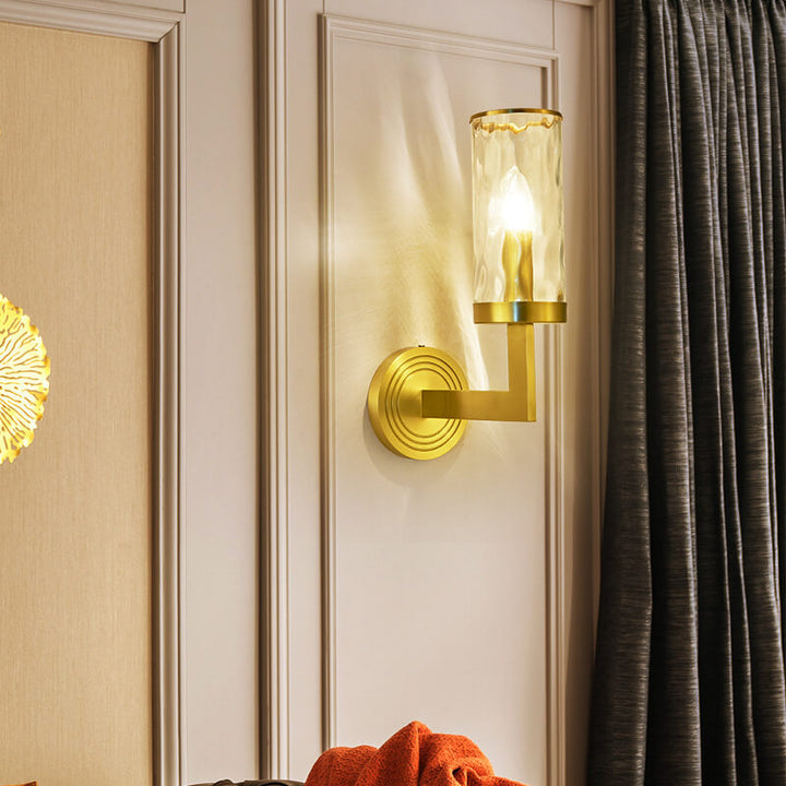 Modern Luxury Textured Glass Cylinder Round Brass 1-Light Wall Sconce Lamp for Living Room