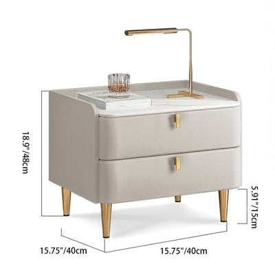 Table de nuit moderne en cuir, bois de pin et acier au carbone avec plateau rectangulaire et 2 tiroirs 