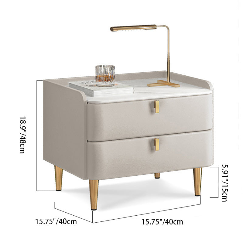 Table de nuit moderne en cuir, bois de pin et acier au carbone avec plateau rectangulaire et 2 tiroirs 
