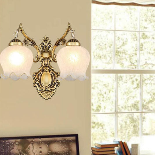 Aplique de pared de lujo ligero europeo de cobre completo con pantalla de flores 1/2 luces 