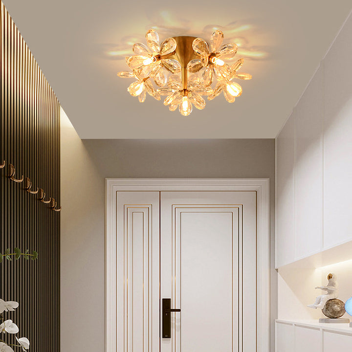 Moderne minimalistische Blume Messing Kristall 3/5/6/7 Licht Unterputz Deckenleuchte für Wohnzimmer 