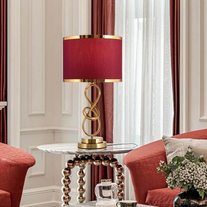 Lámpara de mesa moderna de lujo con 1 luz, aro anudado de hierro y tela roja, para dormitorio 
